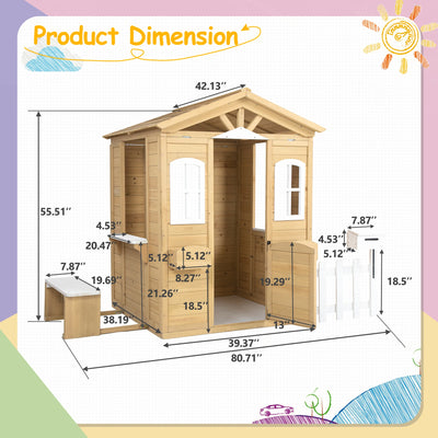 LZBEITEM Wooden Playhouse for Kids Outdoor with Working Door, Windows, Mailbox, Bench, Flowers Pot Holder, 39" x 38" x 55.5"