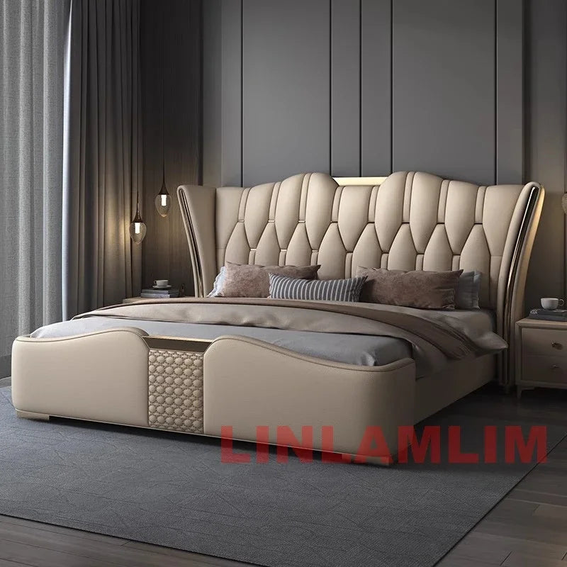 MINGDIBAO Luxury Modern Upholstered Bed Frame with Gold Accents, Genuine Leather Designer Bed, Queen/King Size Bedroom Furniture