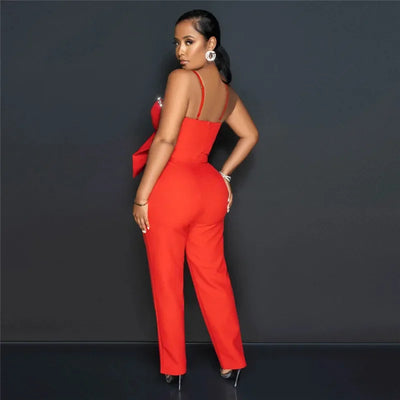 Spaghetti Strap Deep V Neck Sexy Women Straight Jumpsuits Rompers 2023 Rhinestone Big Bowknot Party Jumpsuit Birthday Outfits