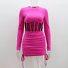 Shirring Mesh Hollow Out Bodycon Dress Women O Neck Long Sleeve Mini Vestidos Ribbed Hot Sexy Dresses Fashion High Street Wear