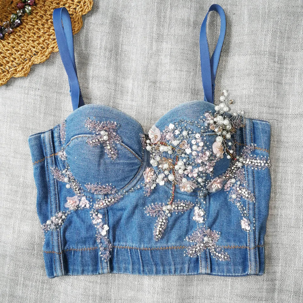 Irene Tinnie Sexy Cute Hole Cartoon Decoration Push Up Bustier Women's Denim Bralette Cropped Top Vest Plus Size
