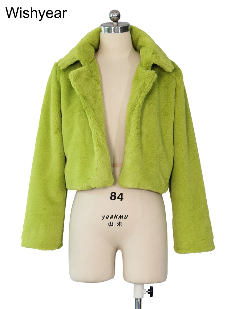 Fashion Faux Fur Open Stitch Lapel Crop Jackets Women Clothing Autumn Winter Solid Long Sleeve Warm Furry Fluffy Coat Outer Wear