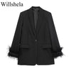 Willshela Women Fashion Satin Black With Feather Blazer Jacket Vintage Notched Neck Single Button Long Sleeves Female Outfits