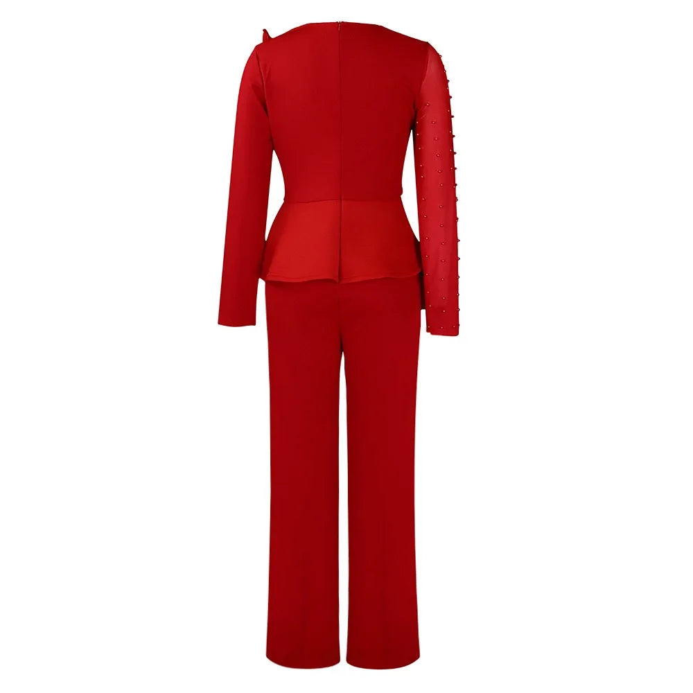 Luxury Jumpsuits & Rompers for Women Round Neck Beaded Transparent Sleeve High Waisted Elegant Female Birthday Party Overalls