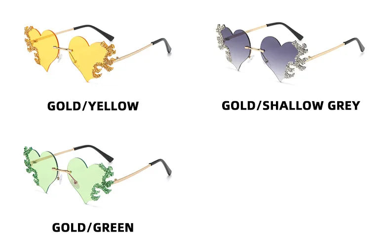 Rimless Sunglasses Women Luxury Brand Rhinestone Sun Glasses Ladies Cute Heart Shape Punk Party Eyewear очки від сонця женские