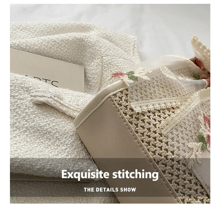 Trendy Lightweight Casual Bow Decor Straw Bag Hollow Out Knitted Flower Tote Bag Large Capacity Shoulder Bag For Teen Girl Women