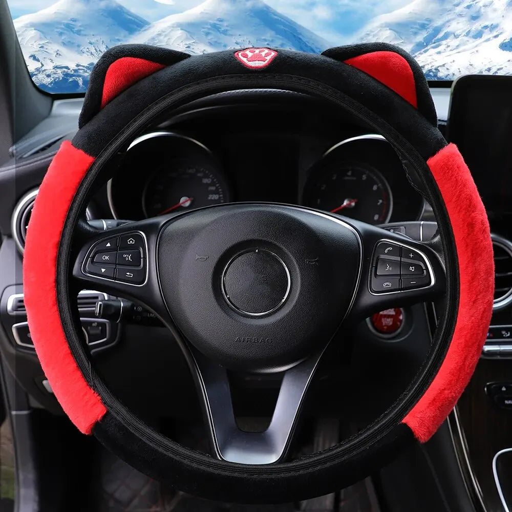 Cute Cartoon Plush Kitten Warm Car without Inner Ring Steering Wheel Cover Car Accessories Suitable for 14.5-15INCH