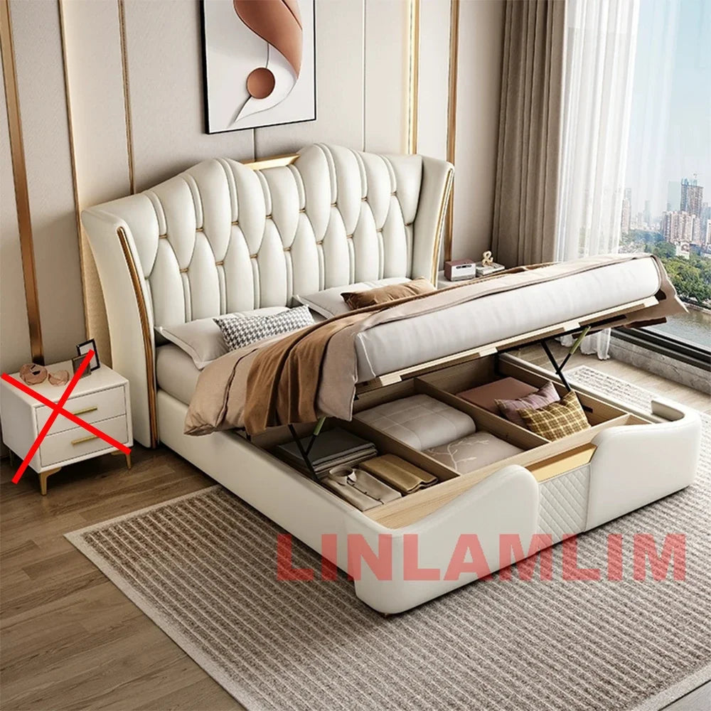 MINGDIBAO Luxury Modern Upholstered Bed Frame with Gold Accents, Genuine Leather Designer Bed, Queen/King Size Bedroom Furniture