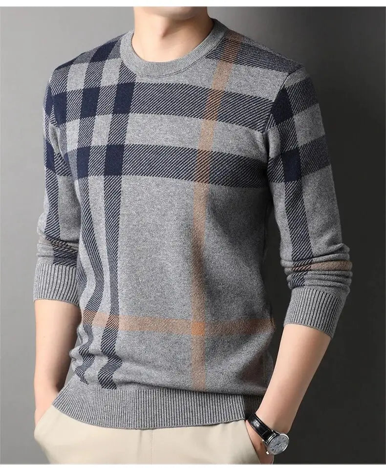 High Quality Luxury Men's Knitted Pullover Autumn Winter O-Neck Striped Wool Sweater British Casual Fashion Versatile Knitwear