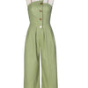 Beyprern New Chic Button Details Palazzo Jumpsuit One Piece Outfits Womens Ruched Strapless Wide Legs Jumpsuits Romper Clubwear