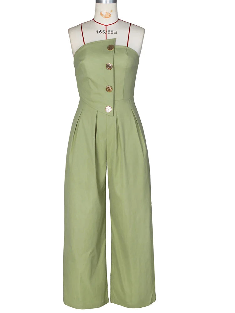 Beyprern New Chic Button Details Palazzo Jumpsuit One Piece Outfits Womens Ruched Strapless Wide Legs Jumpsuits Romper Clubwear