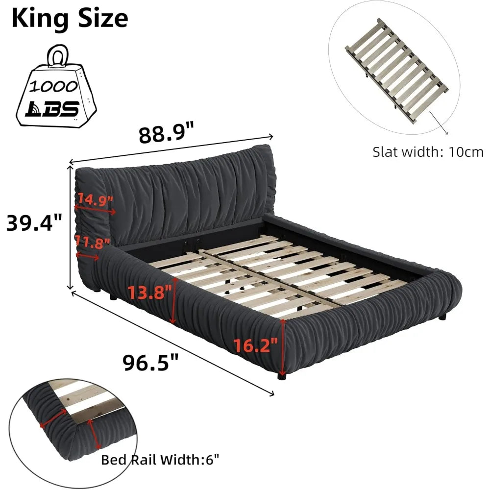 King Size Upholstered Platform Bed with Oversized Padded Backrest Headboard, Luxury Soft Cloud Bed Frame for Bedroom