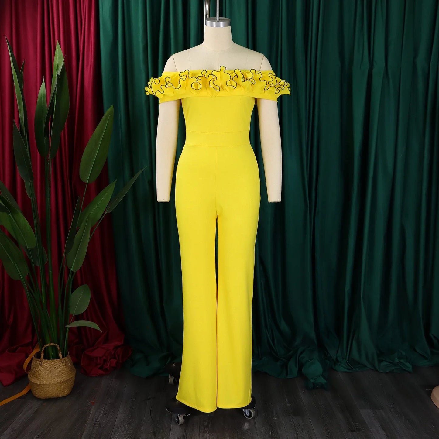 Luxury Jumpsuits & Rompers for Woman Off the Shoulder Ruffles Short Sleeve High Waisted Solid New Year 2025 Christmas Overalls