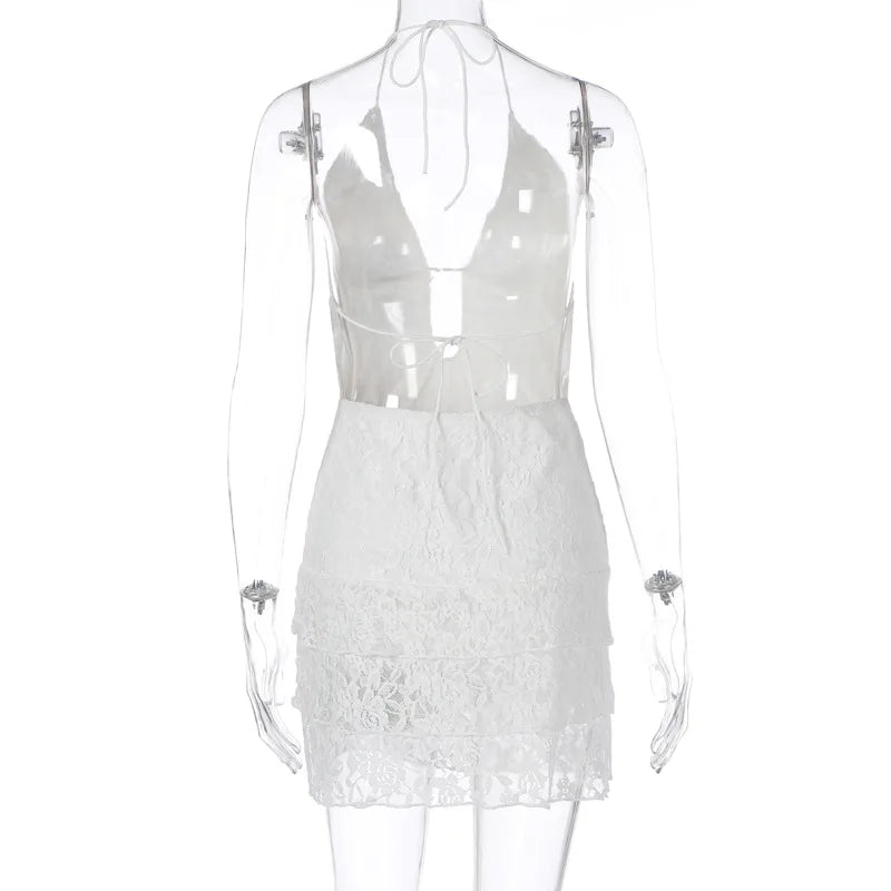 Articat 2024 Summer New Sexy Hollow Out Lace Up Hanging Women Dress Temperament Vestido Short Skirt Slim Party Vacation Beach