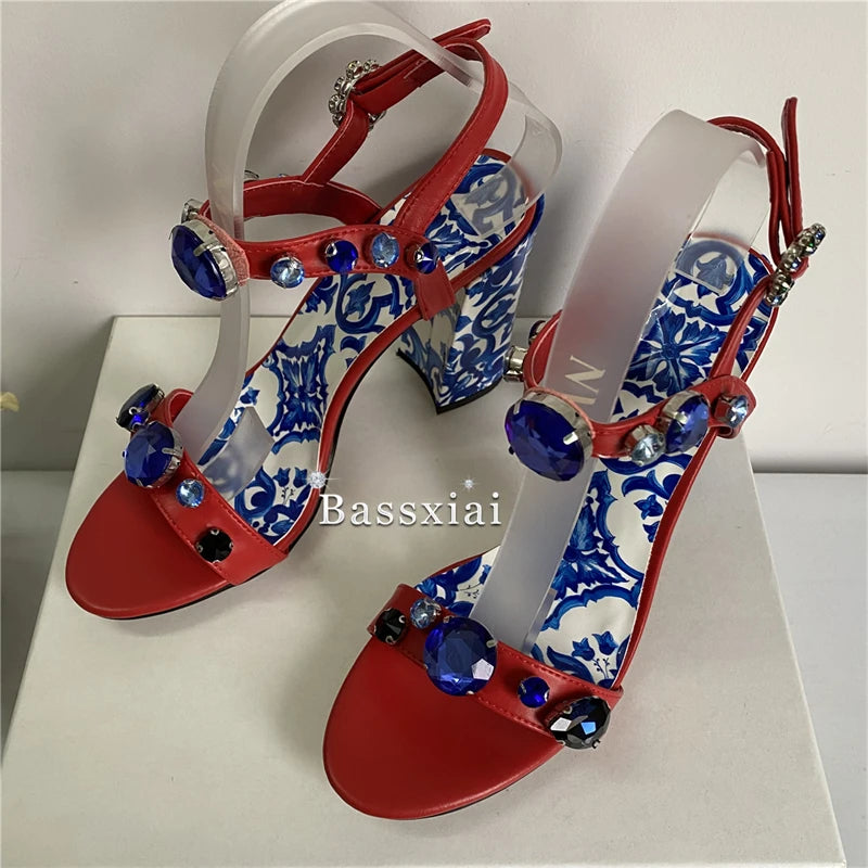 Luxury Diamond Crystal Decor Modern Sandals Women Blue And White Porcelain Print Ankle Strap Summer Shoes For Girls