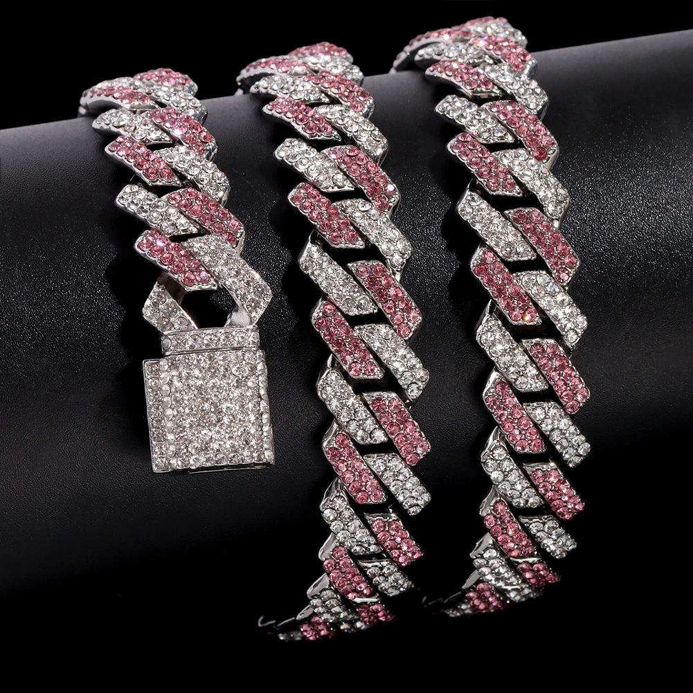 Hip Hop Bling Pink Crystal Cursive Initial Letter Cuban Necklace for Women Iced Out Paved Cuban Chain Necklace Choker Jewelry