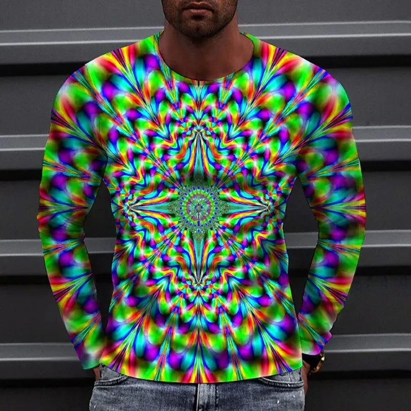 2023 New Autumn Man's Optical Illusion Round Neck Long Sleeve T-shirt 3D printing Fashion Top pullover T Shirts Man's Clothing