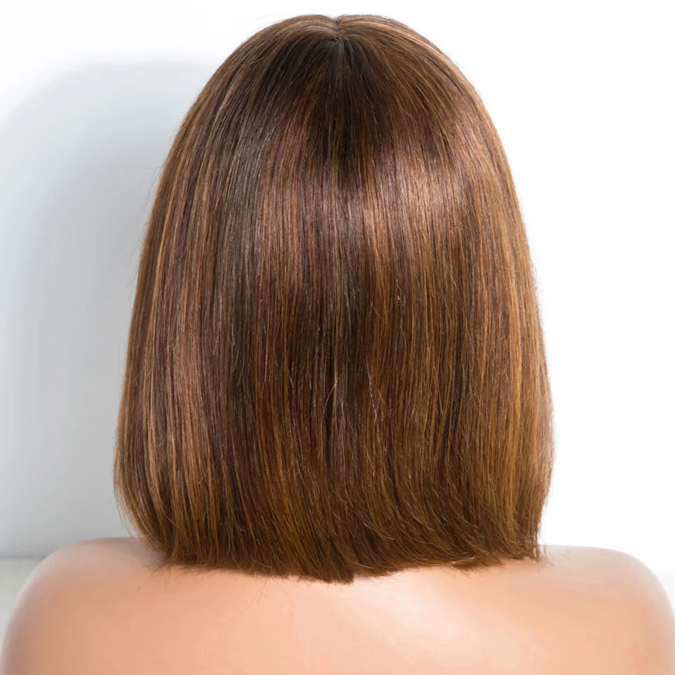 Lekker Chocolate Brown Short Straight Bob 100% Human Hair Wig With Bangs For Women Brazilian Remy Hair Top Lace Glueless Bob Wig