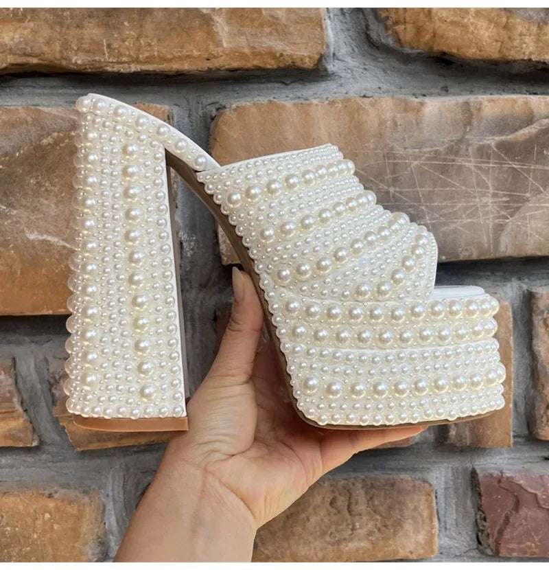 Luxury Handmade Full Rhinestones Platform Wedges Women Slippers Sandals Fashion Summer High heels Mules Slides Chunky Shoes