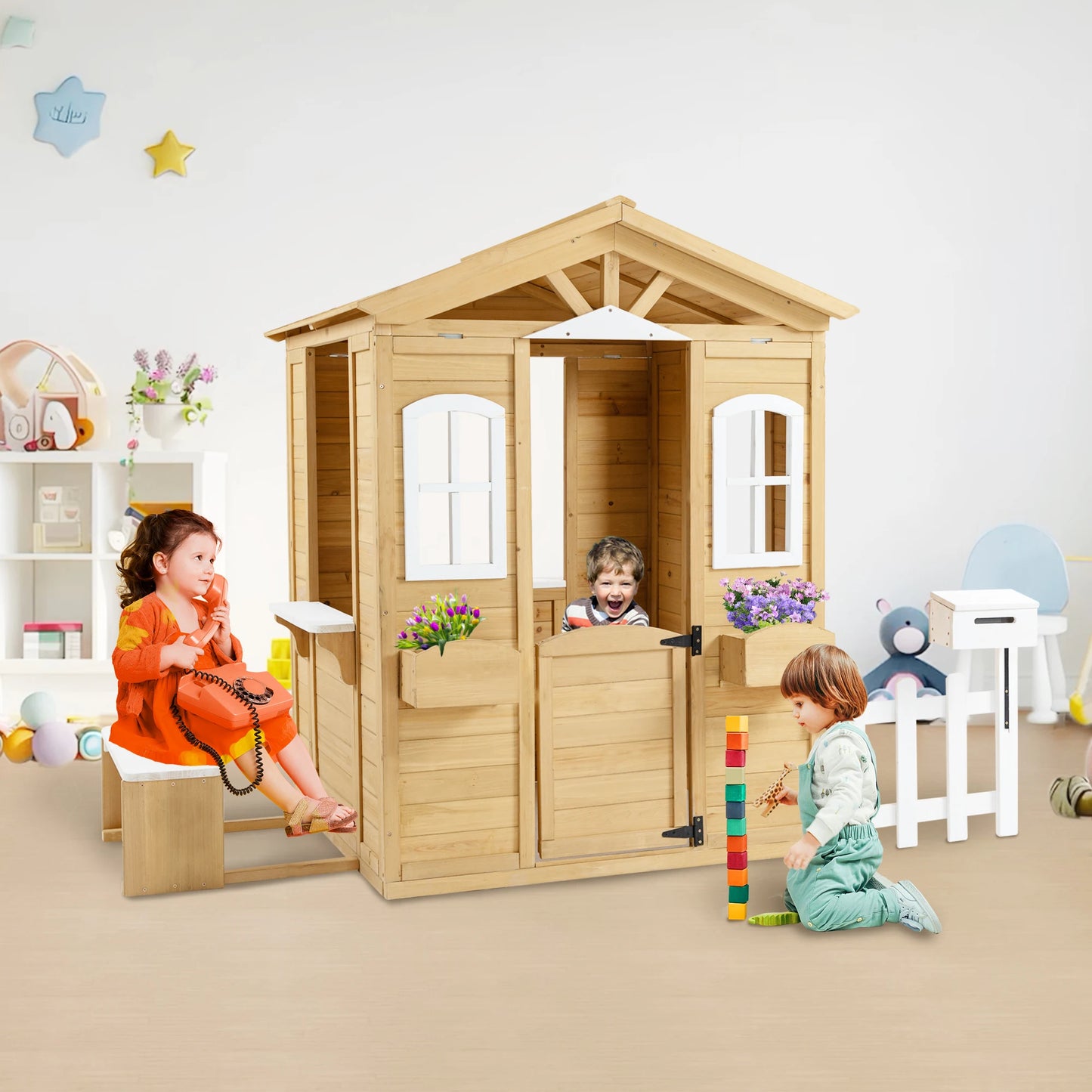 LZBEITEM Wooden Playhouse for Kids Outdoor with Working Door, Windows, Mailbox, Bench, Flowers Pot Holder, 39" x 38" x 55.5"