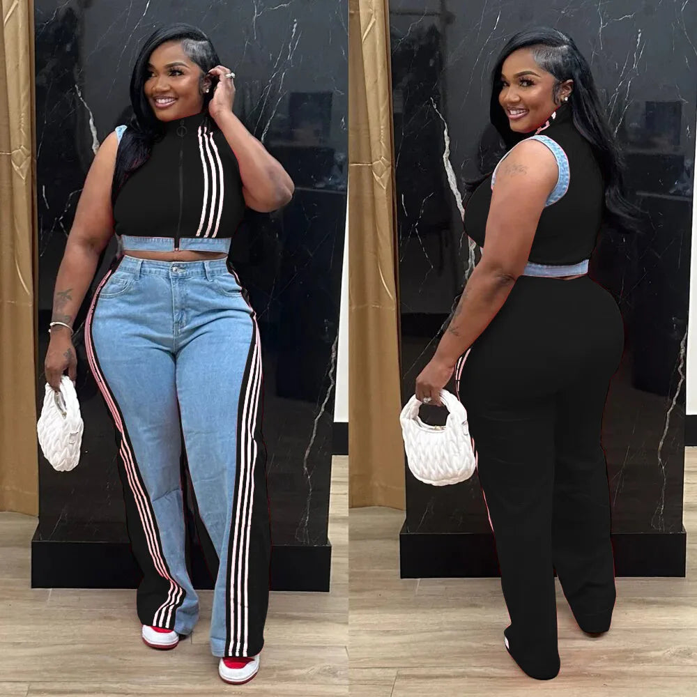 2 Pieces Women's Sets 2025 Spring Summer Denim Sleeveless Suit Tops And Wide Leg Pants Suits Two Piece Set Tracksuit Outfit
