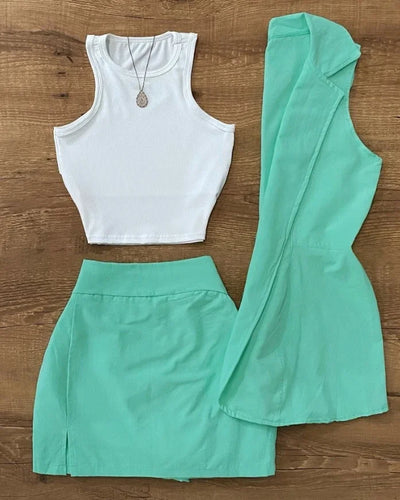 CPSYMYM 3 Pieces Outfits Women Outfit  Spring New Solid Color Round Neck Crop Tank & High Waist Mini Skirts Set with Sleeveless