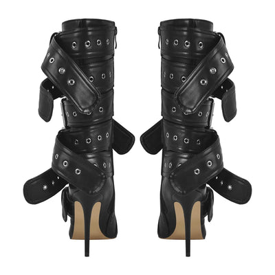 Onlymaker Women Pointed Toe Mid-Calf Boots Buckle Strap Thin High Heel Lady Zipper Female  Stiletto Boots