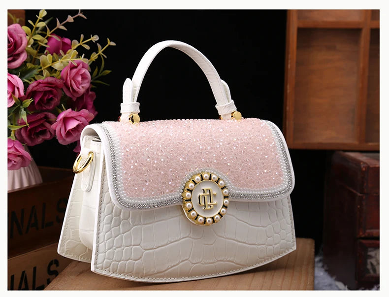 Fashion Diamonds Women Handbags 2023 Red Genuine Leather Lady Shoulder Messenger Bag Crocodile Pattern Portable Shell Tote Bags