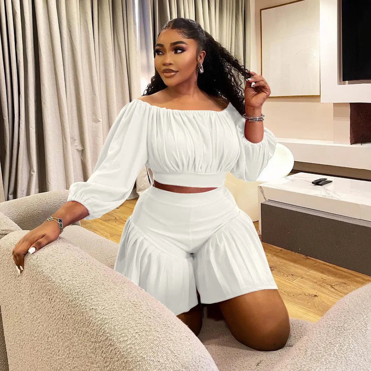 Customized Plus Size Women's Set Long Sleeve Slash Neck T-Shirt and Shorts 2025 Summer Ruched Two 2 Piece Set Outfits Tracksuit