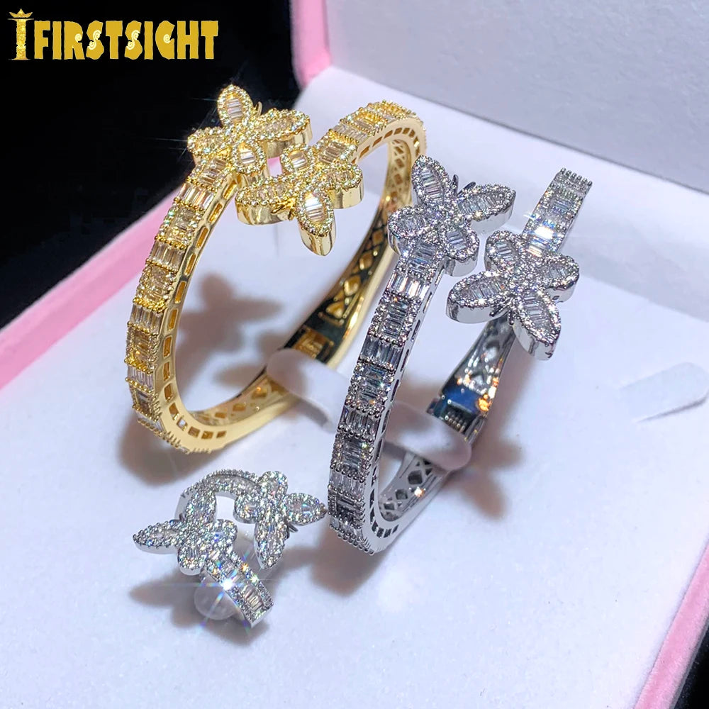 New Iced Out Bling Opened Butterfly Charm Bracelet Silver Color Zircon Insects Bangle For Men Women Hip Hop Luxury Jewelry
