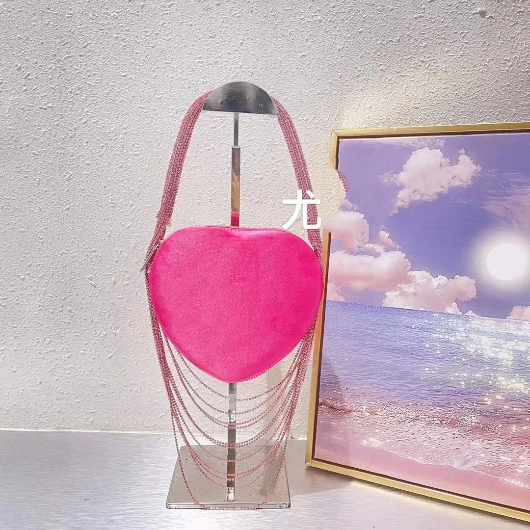 Bling Tassel Heart-shape Satin Bag Glitter Rhinestone Diamond Evening Bag Women Handbag Wedding Party Clutch Purse Crossbody Bag
