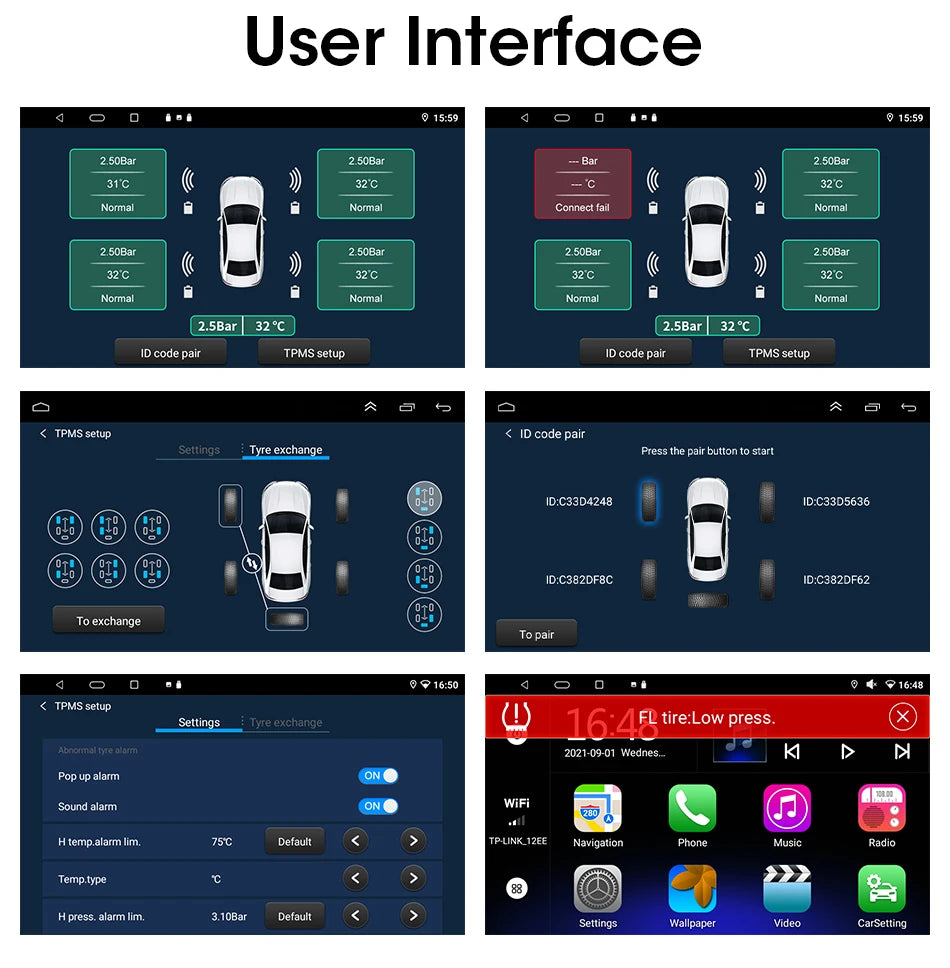 JMCQ USB Android TPMS Tire Pressure Monitoring System Display Alarm System Internal External 5 Sensors For Car Navigation Radio