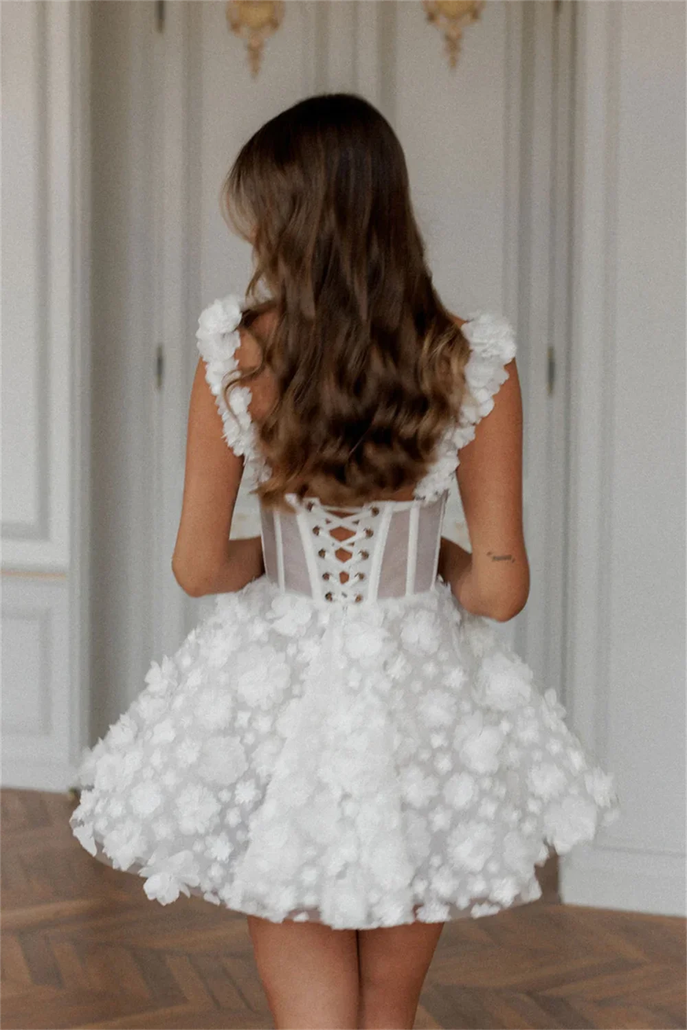 Amanda Customized White Mini Prom Dresses Flower Lace Embroidery Evening Dress Lace-up Spaghetti Strap Party vestidos de fiesta