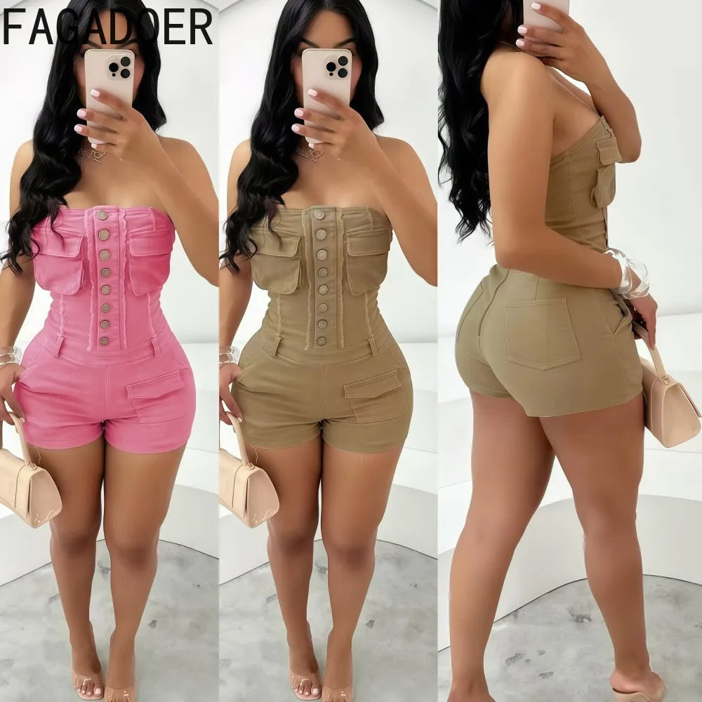 FAGADOER Spring Summer New Sexy Backless Rompers for Women Solid Pocket Cargo Patchwork Jumpsuits Female Streetwear Overalls