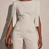 Women's Jumpsuit Casual Solid Color 3/4 Length Sleeve Straight Round Neck Beaded High Waist Daily Going out Regular Fit Black Wh
