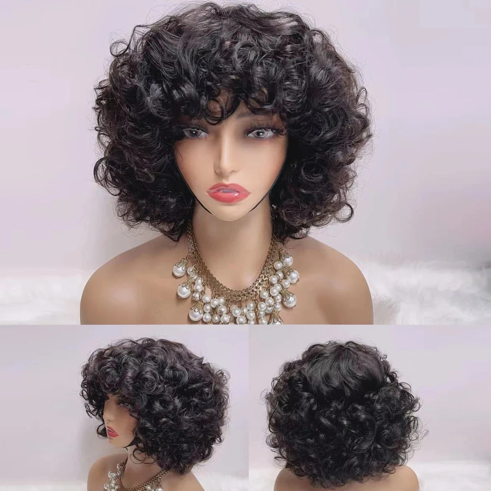 330% Density Brazilian Egg Curl Pixie Cut Wig Human Hair With Bangs Water Wave Short Bob Wig For Women Preplucked Local Delivery