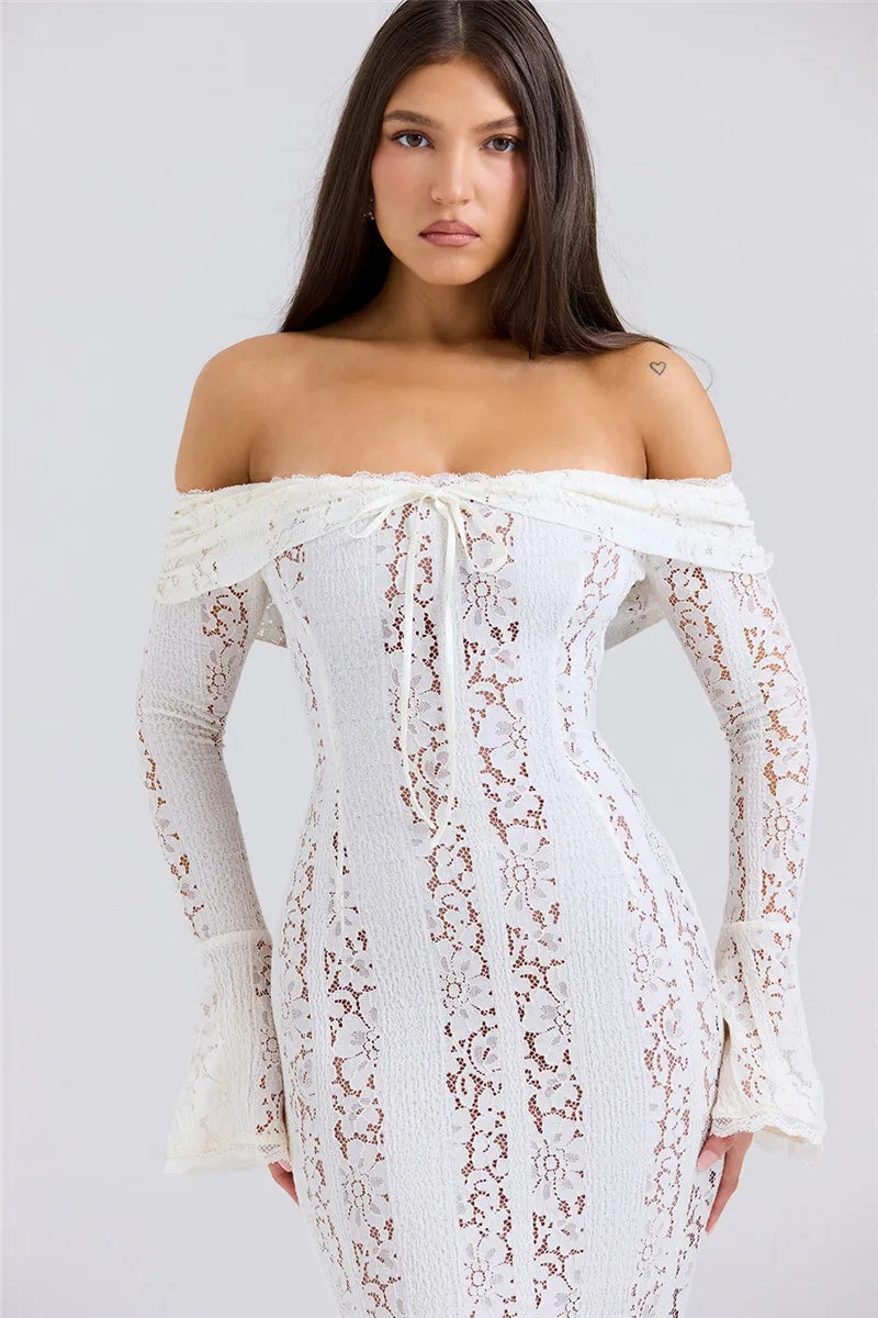 Mozision Floral Lace Off-shoulder Maxi Dress For Women White Strapless Backless Long Sleeve Bodycon Club Party Sexy Long Dress