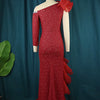 AOMEI Women Party Dress Off Shoulder One Sleeve Tiered Ruffle Slit Long Burgundy Lace Christmas Birthday Elegant Prom Event Gown