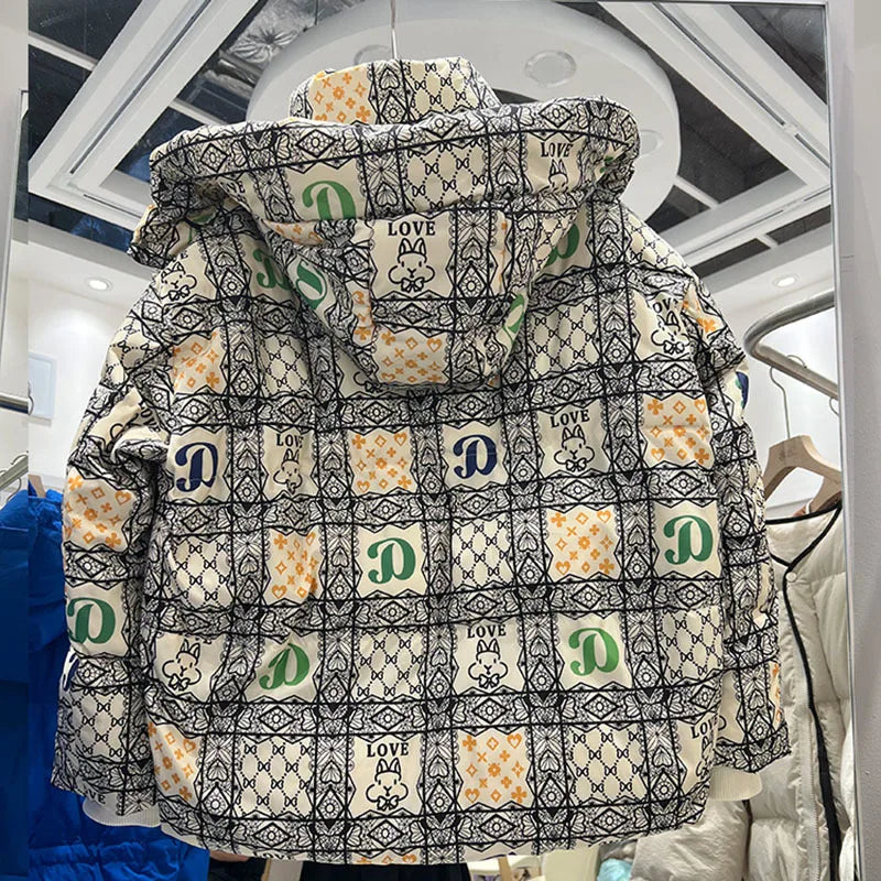 2023 European Station Winter New Down Jacket Women's Warm Fashion Short Color Patchwork Graffiti thick White Duck Down Coa