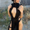 OMSJ Women Gothic 2024 Black Hooded Knitted High Split Long Dress Hollow Sexy See-through Straight Dress Festival Rave Club Wear