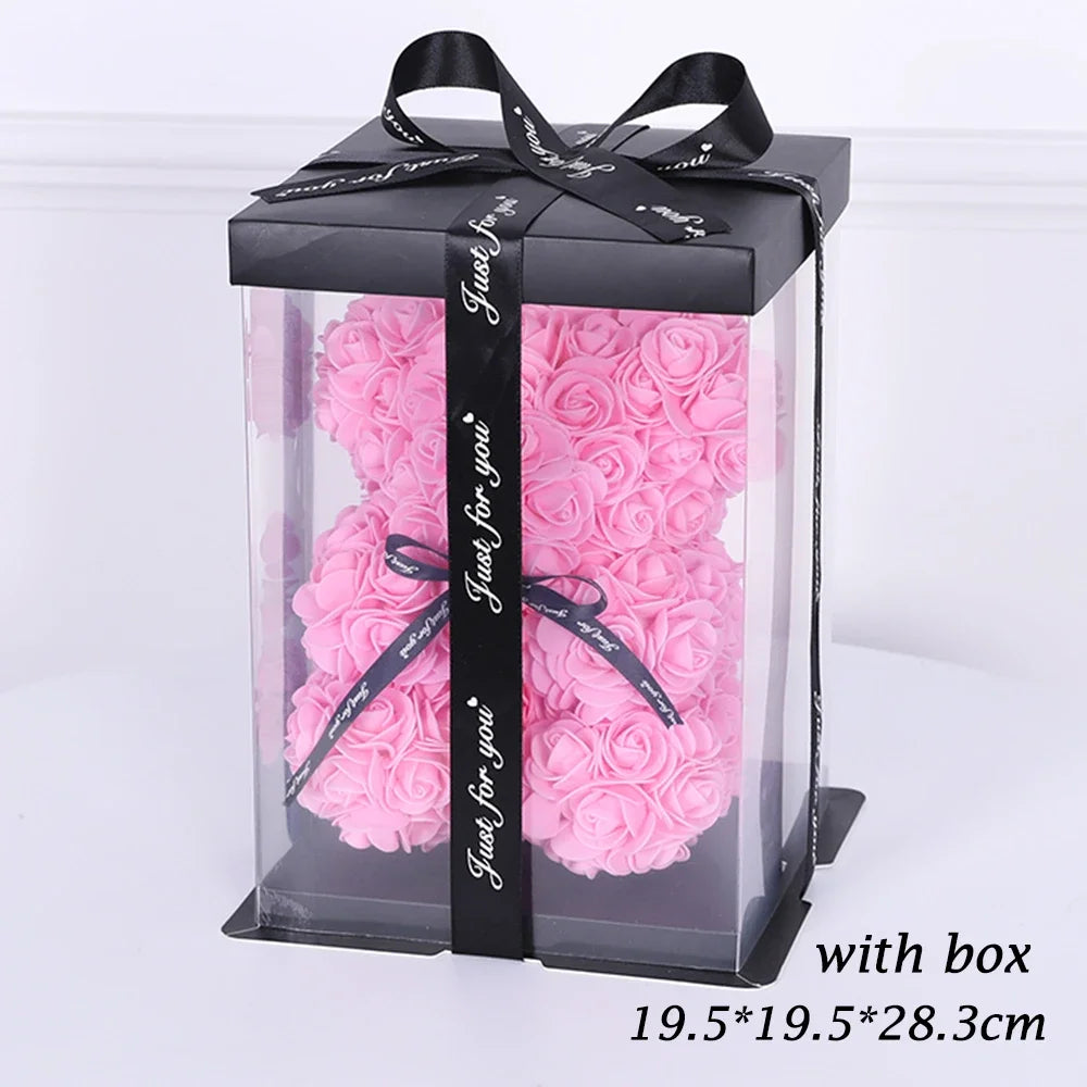 25cm Artificial Teddy Rose Flower Bear with Box Romantic Valentines Day Gift Girlfriend Women Mother Birthday Wedding Party Deco