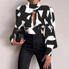 Spring Women Sexy Backless Hollow Print Shirts Tops 2024 Casual Stand Long Sleeve Office Lady Blouses Fashion Party Crop Top