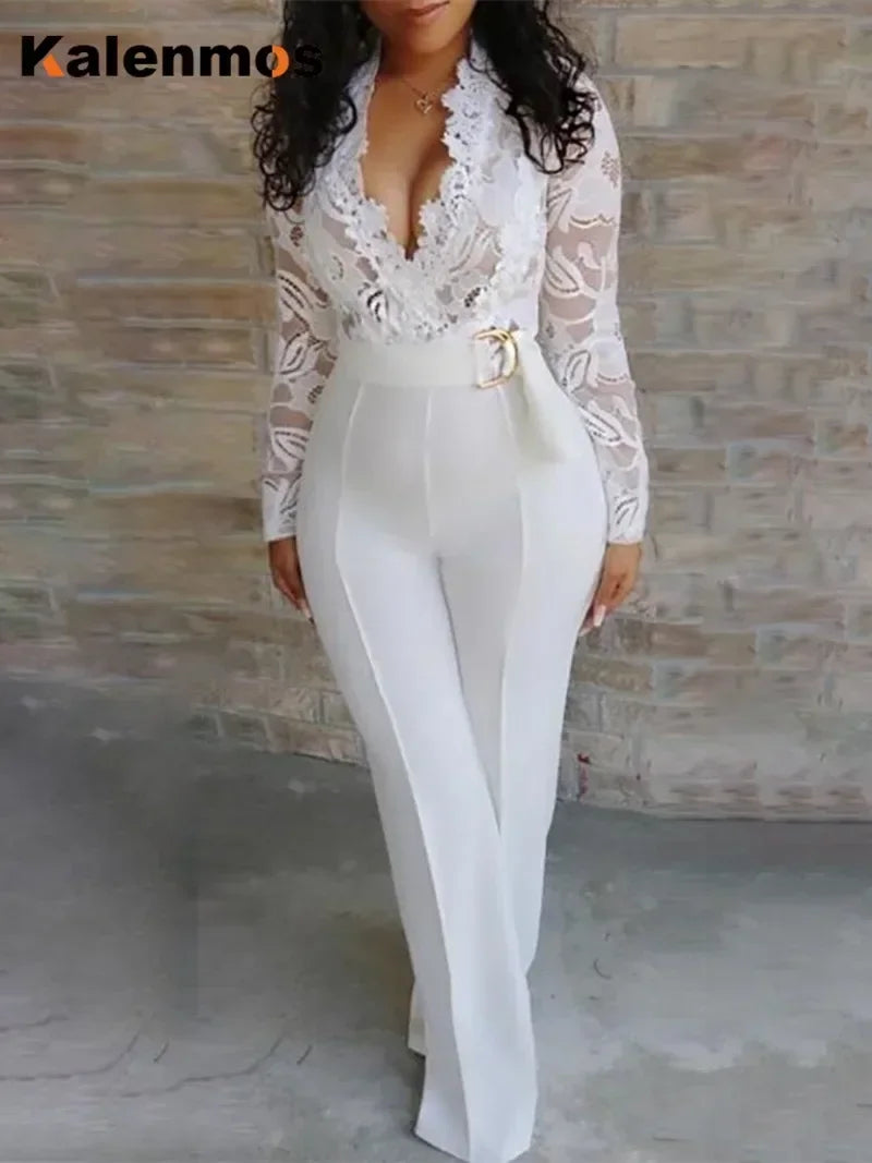 White Jumpsuit Women Overalls Elegant Lace Long One Piece High Waist Feather Y2k Sexy Wedding Party Night Evening Rompers