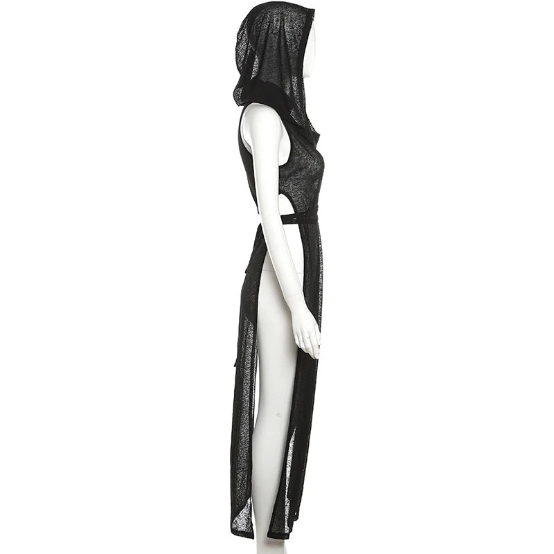 OMSJ Women Gothic 2024 Black Hooded Knitted High Split Long Dress Hollow Sexy See-through Straight Dress Festival Rave Club Wear