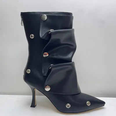 2025 Classics Women Pointed Toe Strange Heels Boots For Woman's Rivet Button Zipper-Sid Solid Color High Heels Shoes Botas Altas