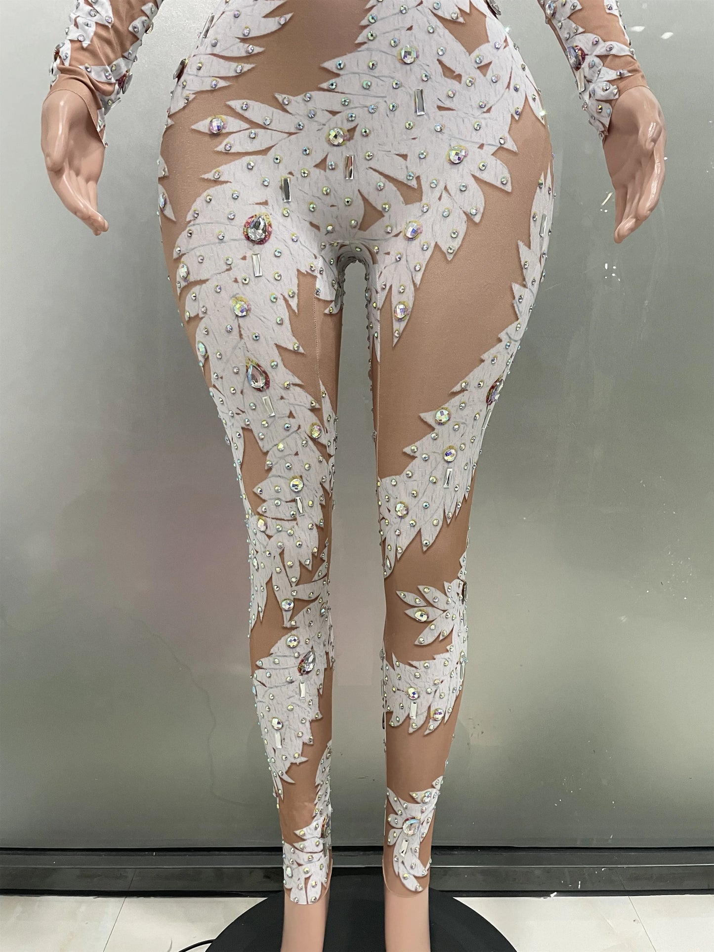 Sexy Crystal High Stretch Bodycon Long sleeve Jumpsuit Women Celebrate Nightclub Party club Performance Costume Stage Wear