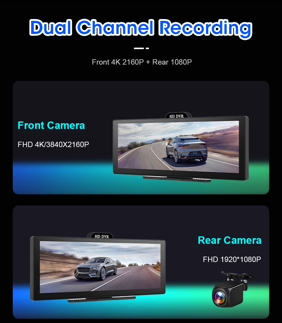 11.26 Inch 4K DVR Wireless CarPlay & Android Auto Dash Cam Bluetooth Audio GPS Navigation Dashboard Dual Lens Video Recorder