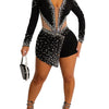 Women Sexy Rompers V-Neck Mesh Rhinestone Skinny Long Sleeve Playsuits