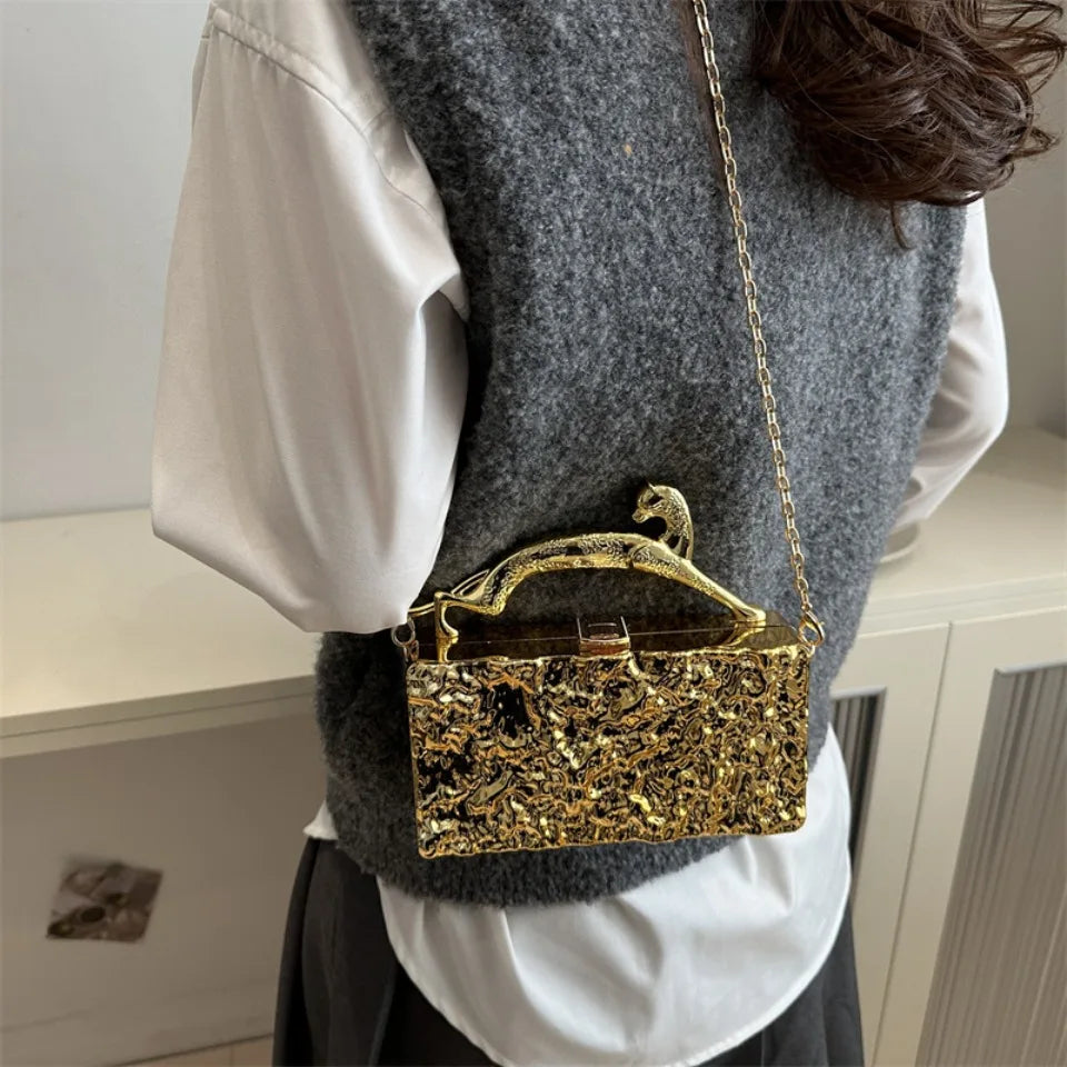 Leopard handle Luxury Gold Silver Party Evening Bag For Women Chain Clutch Handbags And Purses Mini Crossbody Shoulder Phone Bag