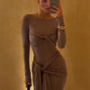 Tossy Female Pleated Sexy Maxi Dress Patchwork Twist Slim Long Sleeve Solid Y2k Autumn Streetwear Dress Women's Bodycon Dress
